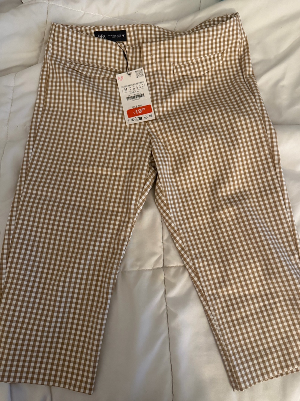 NWT Zara Beige & White Gingham Cropped Pants
